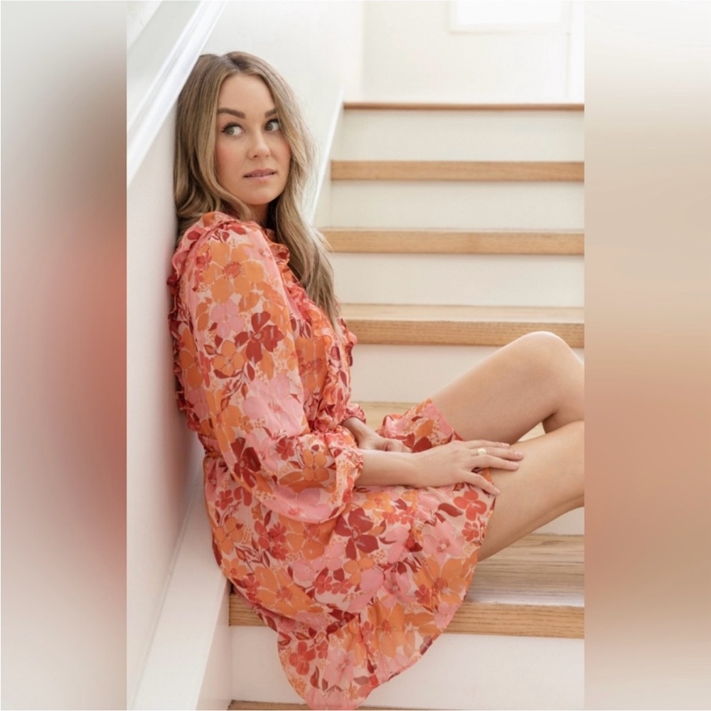LC Lauren Conrad Pink and Orange Floral Ruffle Dress